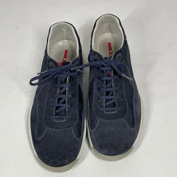 Prada Men's Dark Blue Suede Nylon Lace Up Sneakers Shoes Size 10